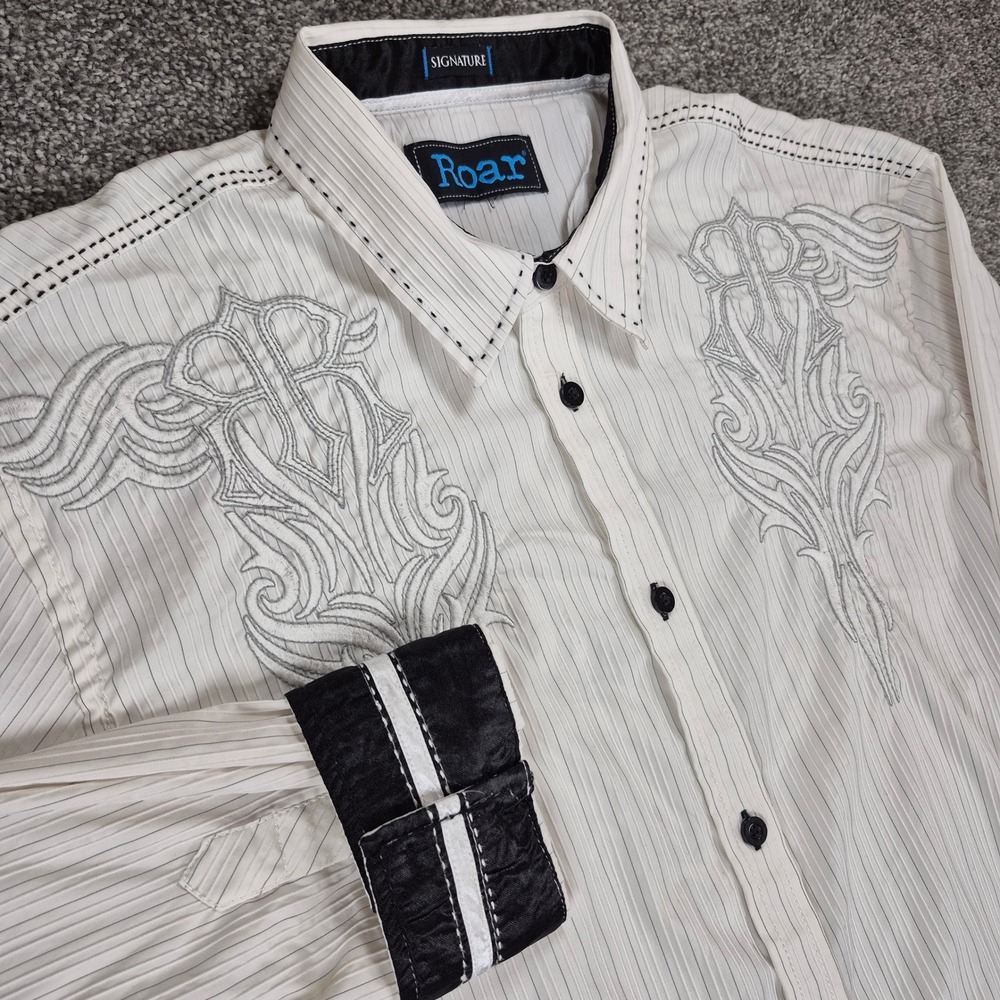 Roar Embroidered Shirt Mens XL White Striped Long Sleeve Button Up Signature